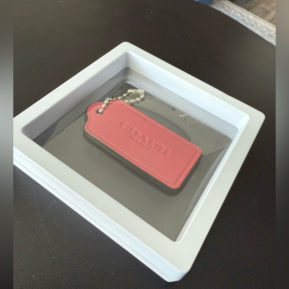 Coach Pink Leather Tag Keychain with Silver Ball Chain